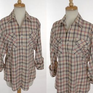 Vintage 70s Button Down Plaid Shirt Red Blue Med